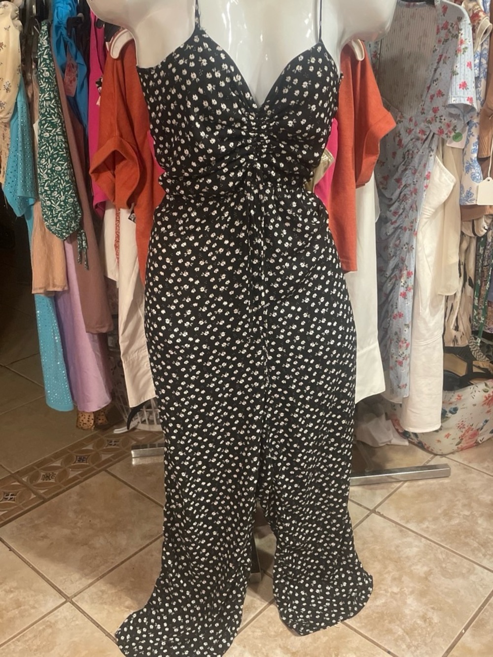 Black Floral Spaghetti-Strap Wide-Leg Jumpsuit